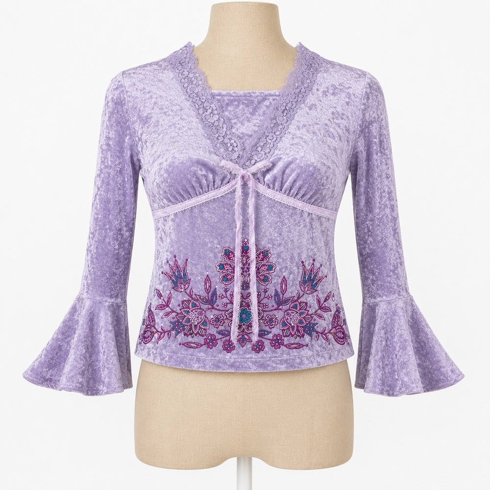 Vintage Y2K Candies Floral Embroidered Babydoll Top Size XS Purple Velvet Fairy